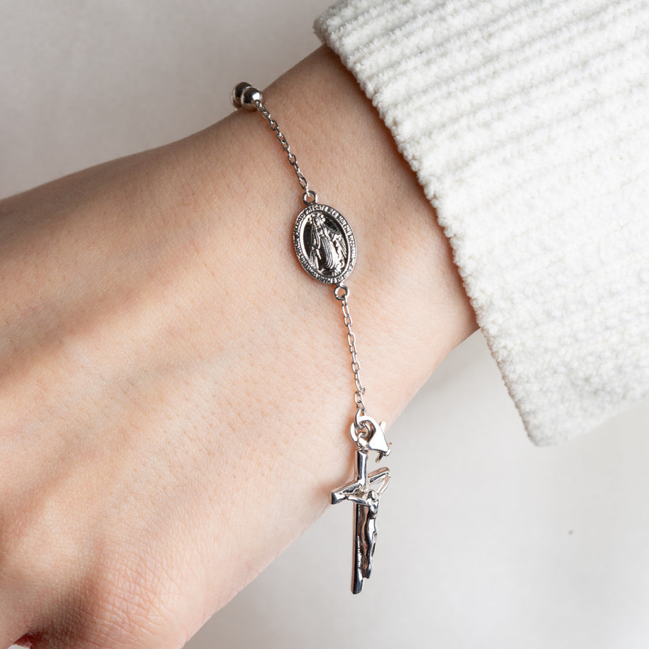 .925 Sterling Silver Beaded Jesus Christ Cross Crucifix Mother Mary Medallion Rosary Bracelet