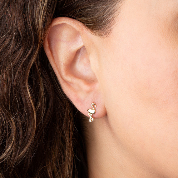 14K Yellow Gold Flamingo Bird Stud Earrings