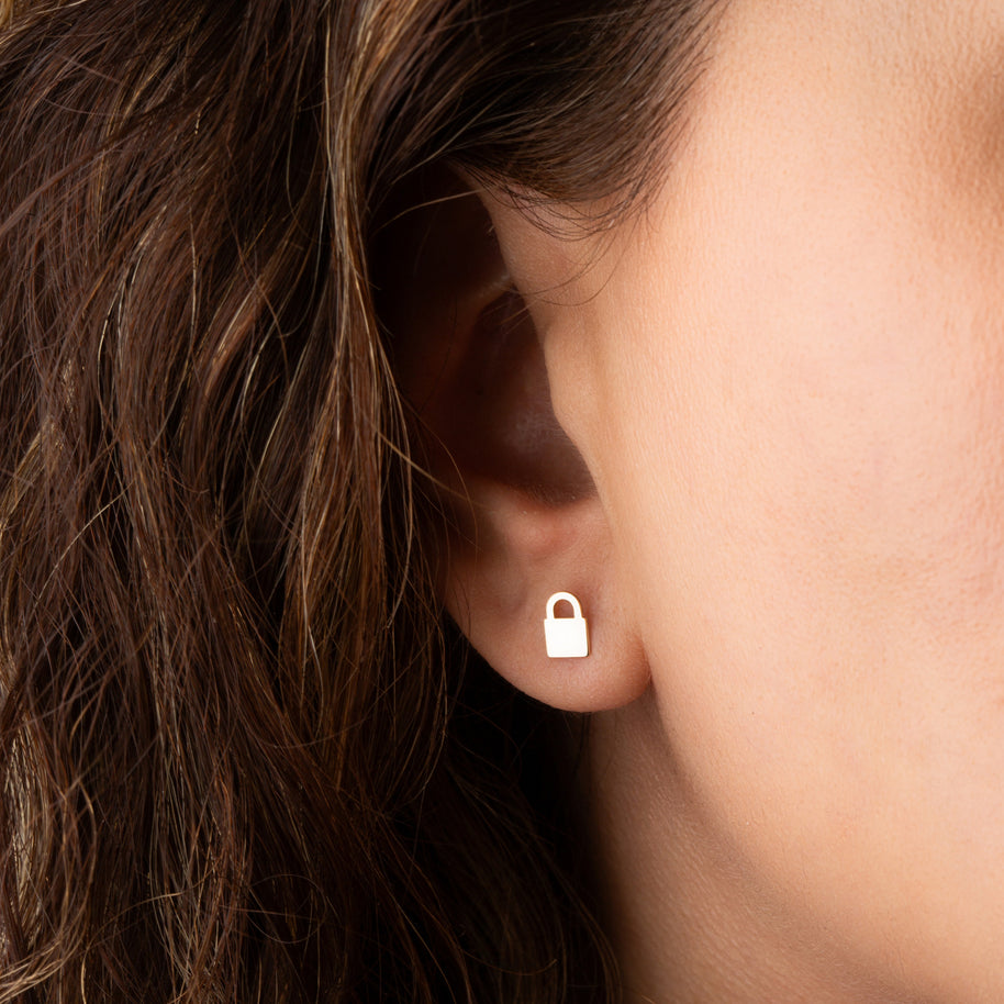 14K Yellow Gold Padlock Stud Earrings