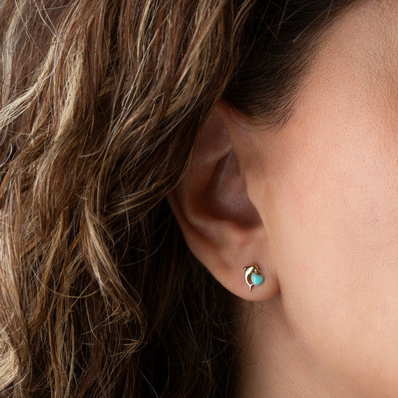 14K Yellow Gold Enamel Heart Dolphin Stud Earrings