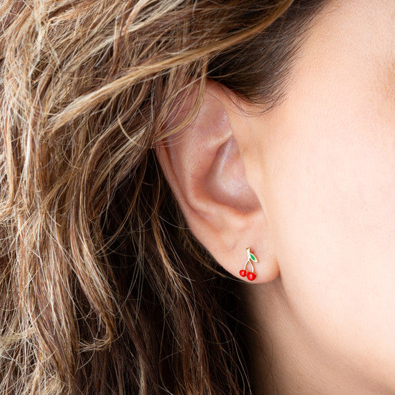 14K Yellow Gold Red Enamel Cherry Fruit Stud Earrings