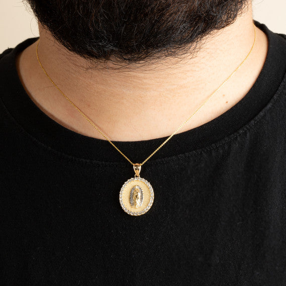 Solid Gold Two-Tone Lady Of Guadalupe Cubic Zirconia Oval Halo Beaded Medallion Pendant Necklace (Available in Yellow/Rose/White Gold)