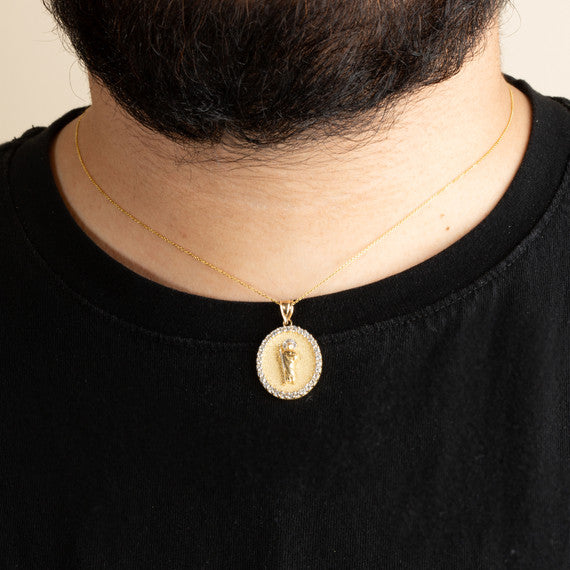 Two-Tone Gold Saint Jude Cubic Zirconia Oval Halo Beaded Medallion Pendant Necklace (Available in Yellow/Rose/White Gold)