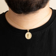 Two-Tone Gold Saint Jude Cubic Zirconia Oval Halo Beaded Medallion Pendant Necklace (Available in Yellow/Rose/White Gold)