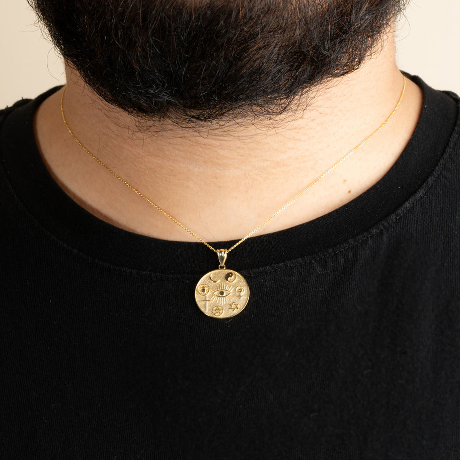 Gold Religious Interfaith Spiritual Medallion Pendant Necklace (Available in Yellow/Rose/White Gold)