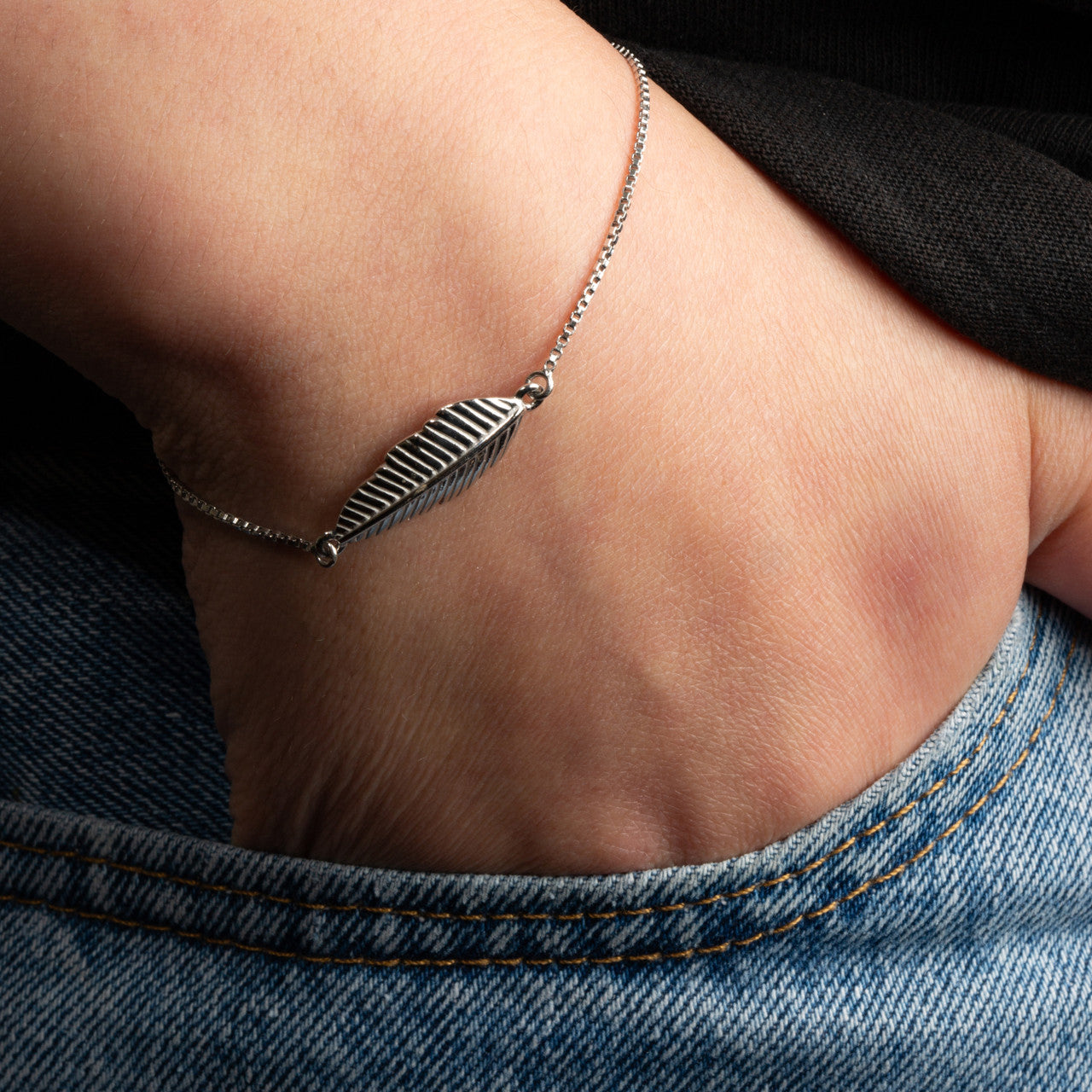 .925 Sterling Silver Adjustable Feather Leaf Beaded Lariat Bracelet
