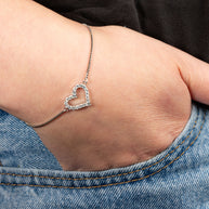 .925 Sterling Silver Adjustable Studded Heart Beaded Lariat Bracelet