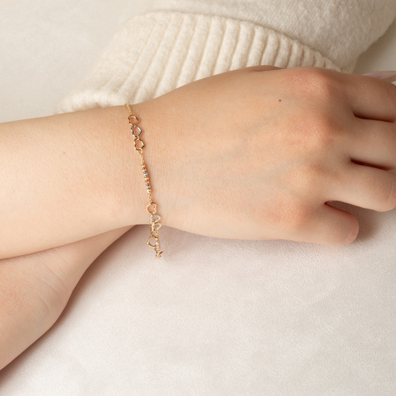 14K Tri-Color Gold Triple Heart Beaded Love Bracelet 6mm