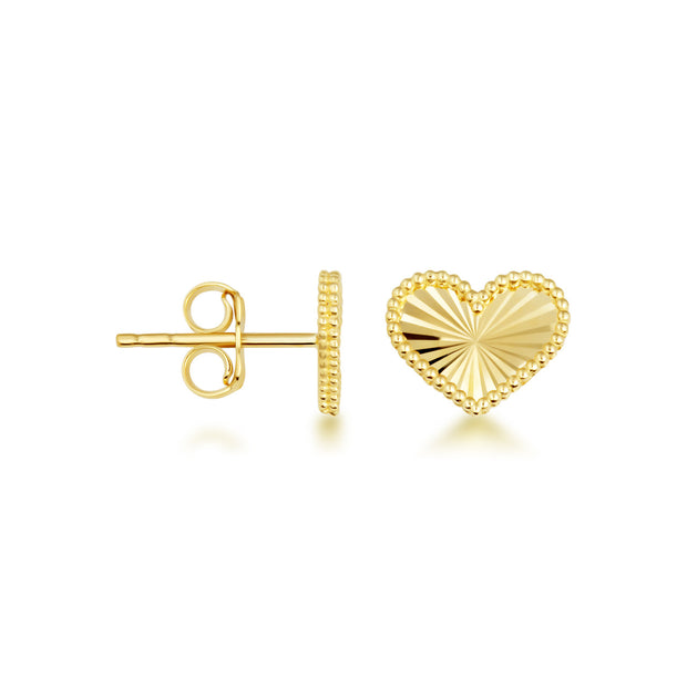 14K Gold Diamond Cut Heart Milgrain Stud Earrings