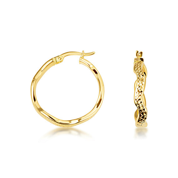 14K Yellow Gold Wavy Textured Hoop Earrings (Available in Small/Large)