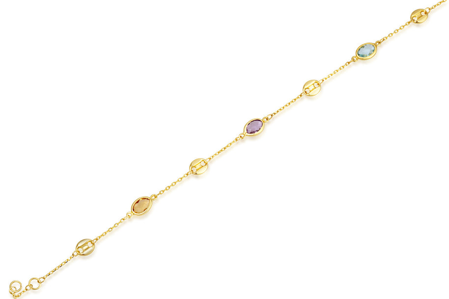 14K Yellow Gold Genuine Oval Gemstone Chain Link Bracelet