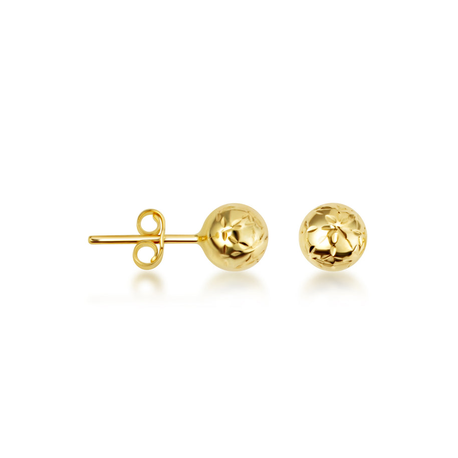 14K Yellow Gold Diamond Cut Round Ball Stud Earrings