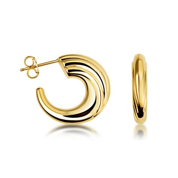 14K Yellow Gold Ribbed Hoop Stud Earrings