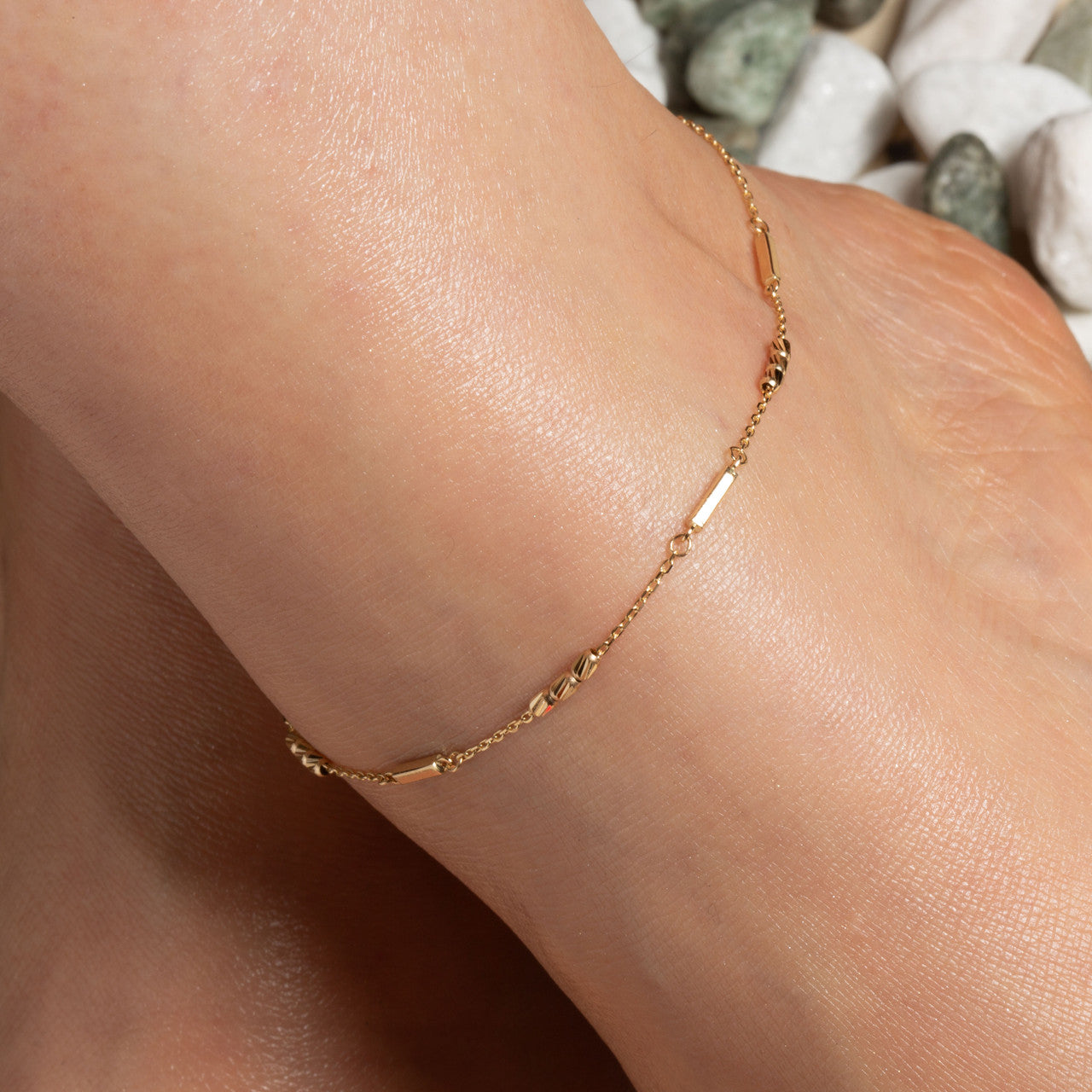 14K Yellow Gold Tube Link Bar Anklet