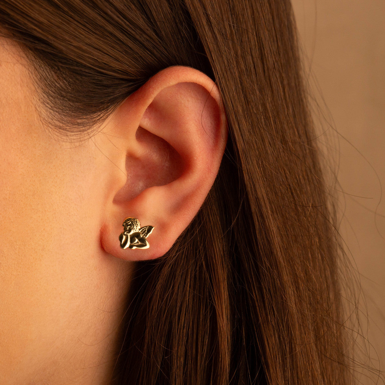 Yellow Gold Cherub Angel Stud Earrings