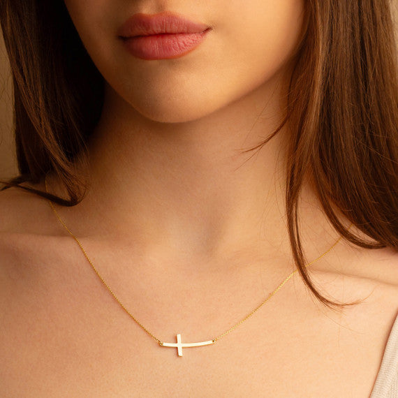 Sideways Cross Necklace in 14K Gold (Available in Yellow Gold, Rose Gold, White Gold)