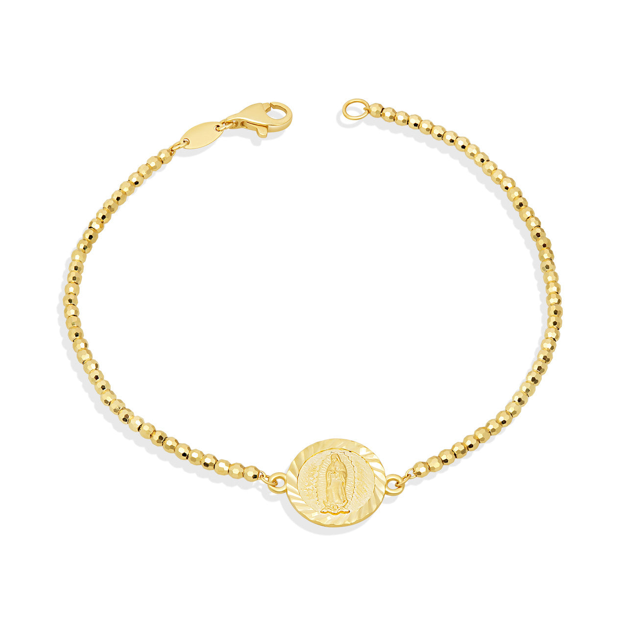 14k Solid Gold Diamond Cut Our Lady of Guadalupe Beaded Bracelet