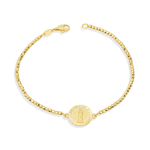 14k Solid Gold Diamond Cut Our Lady of Guadalupe Beaded Bracelet