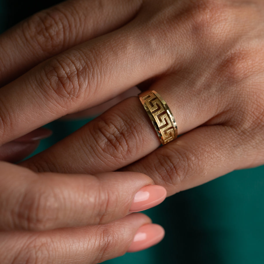 Gold Diamond Cut Greek Key Textured Ring (Available in Yellow/Rose/White Gold)