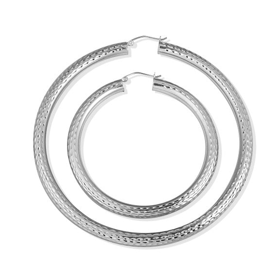 .925 Sterling Silver Textured Diamond Cut Tube Hoop Earrings (Available in Small/Large)