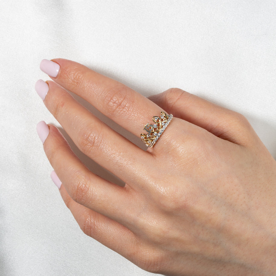 Two-Tone Gold Cubic Zirconia 15 Años Quinceañera Wavy Crown Ring