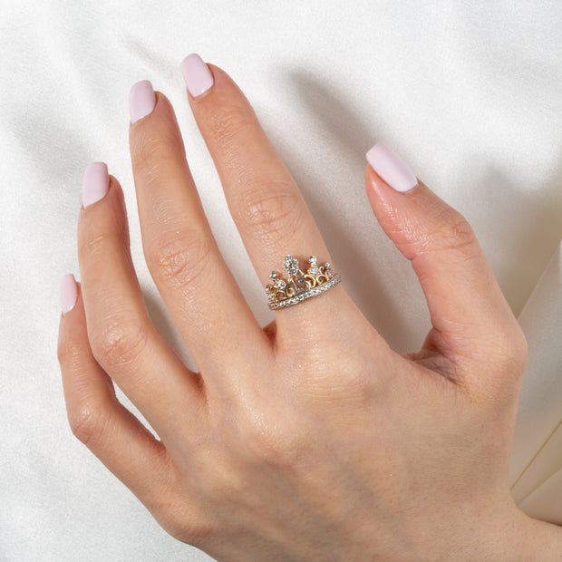 Two-Tone Gold Cubic Zirconia Filigree Crown 15 Años Quinceañera Ring