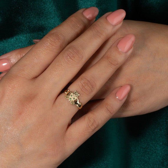 Yellow Gold Claddagh Heart Crown Emerald Birthstone Ring