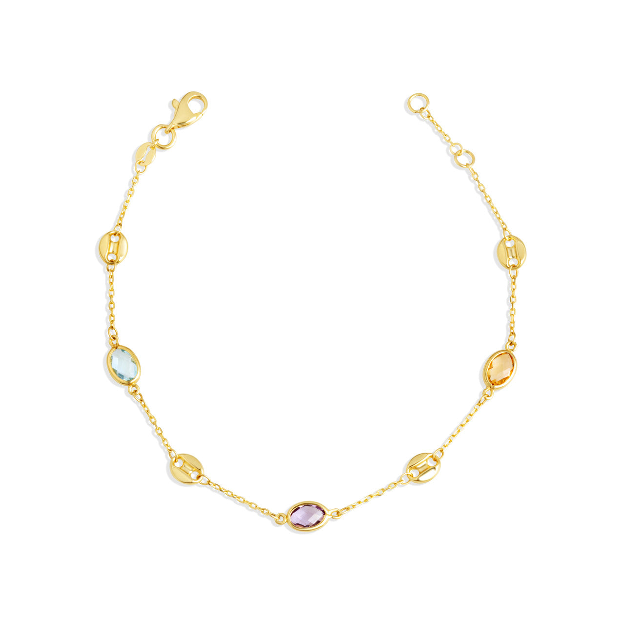 14K Yellow Gold Genuine Oval Gemstone Chain Link Bracelet