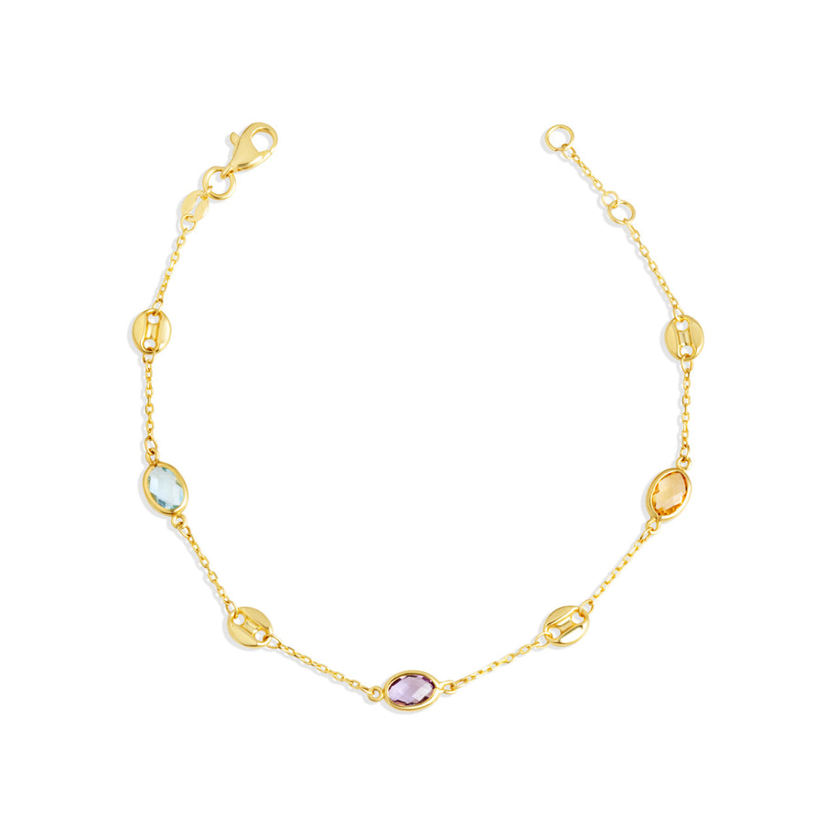 14K Yellow Gold Genuine Oval Gemstone Chain Link Bracelet