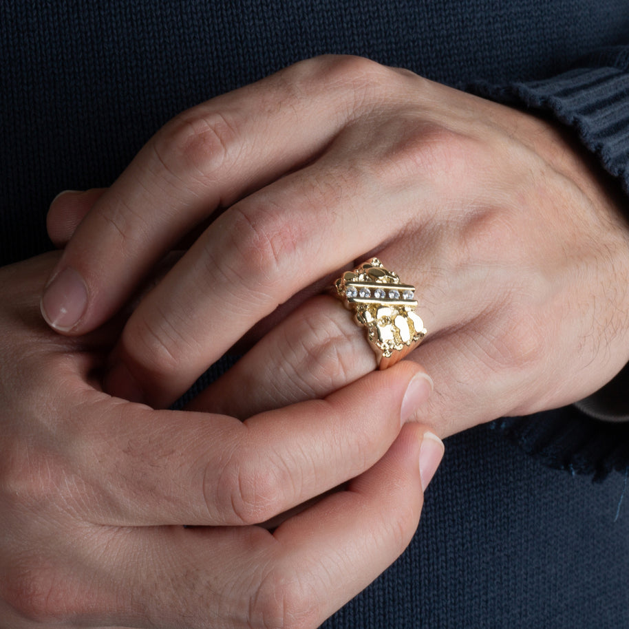 Yellow Gold Masculine Men's Nugget Cubic Zirconia Square Ring