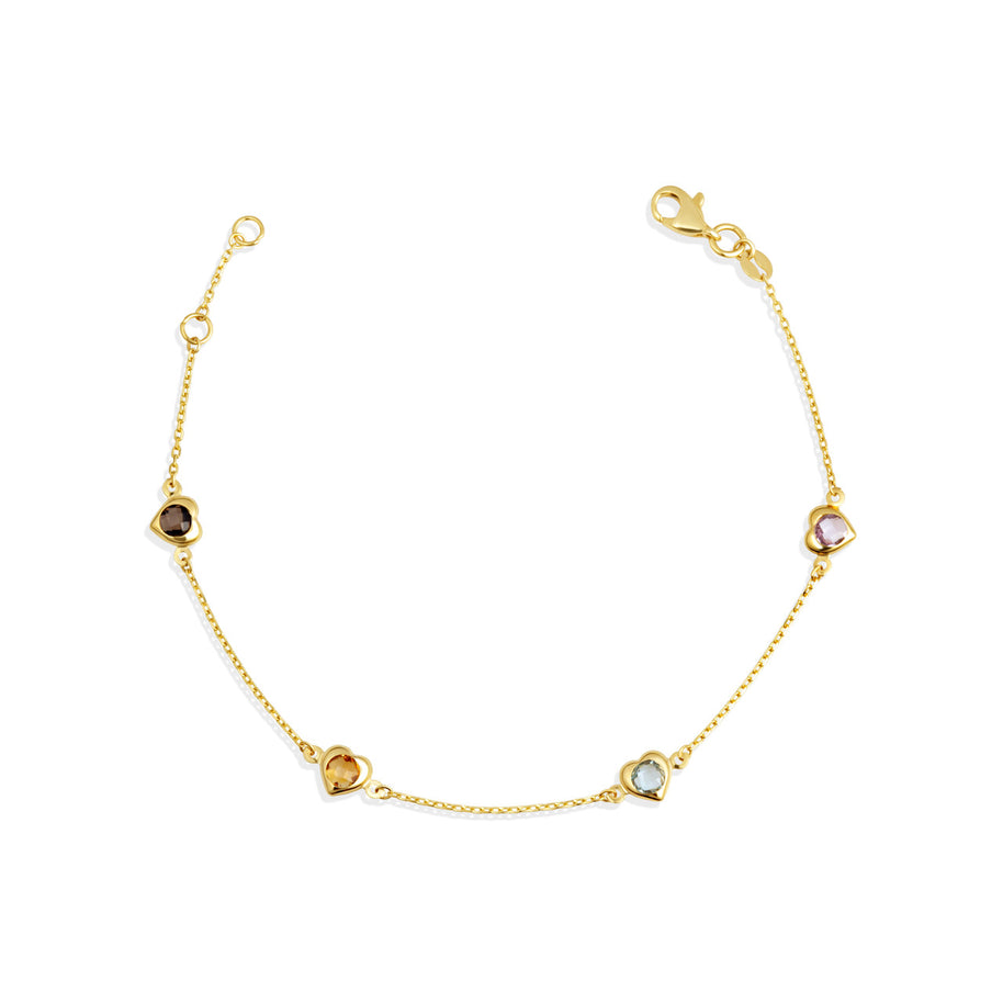 14K Yellow Gold Genuine Heart Gemstone Bracelet 7"