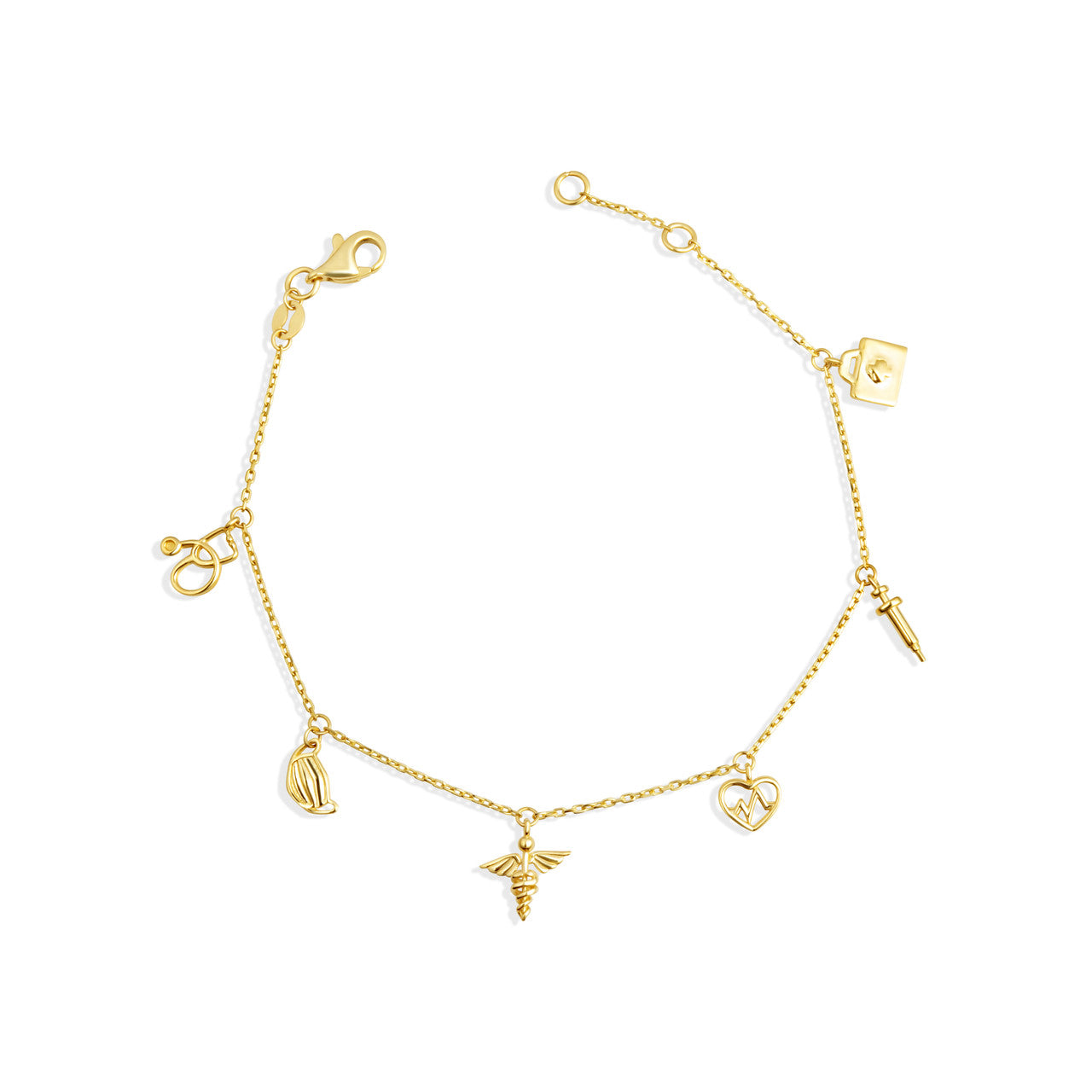 14K Yellow Gold Heartbeat Caduceus Medical Tools Charm Bracelet 7