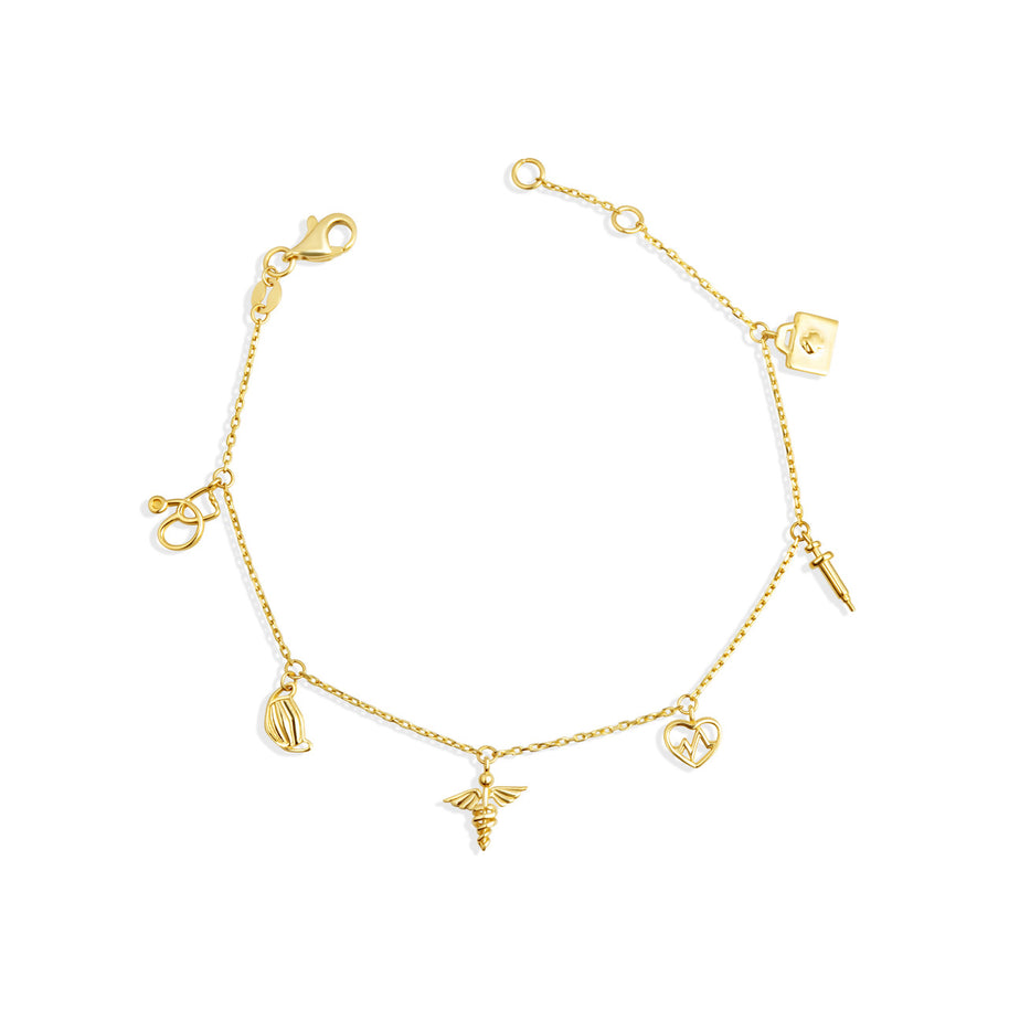 14K Yellow Gold Heartbeat Caduceus Medical Tools Charm Bracelet 7"