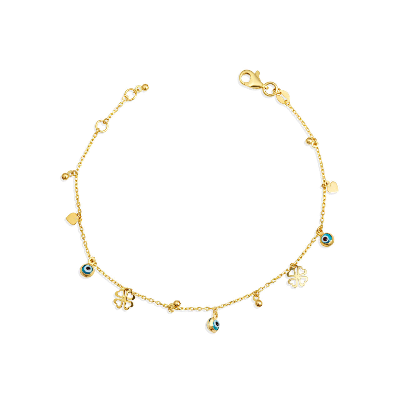 14K Yellow Gold Evil Eye 4 Leaf Clover Lucky Charm Bracelet 7