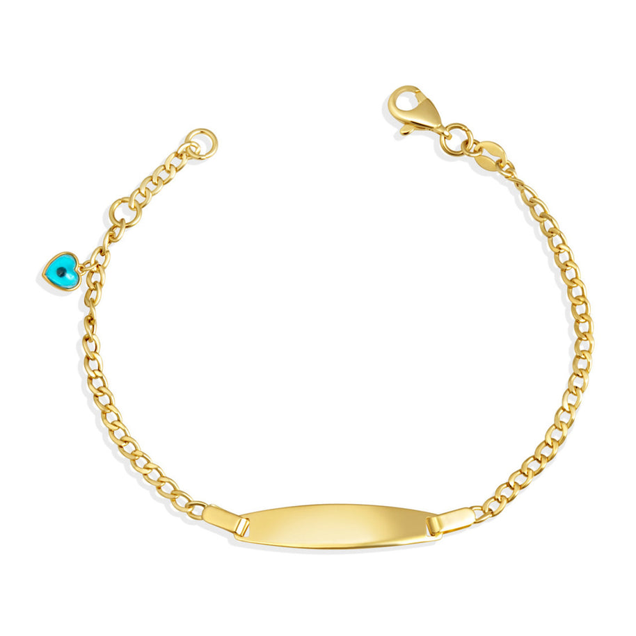 14K Yellow Gold Engravable Evil Eye Heart Protection Nameplate Bracelet 7"