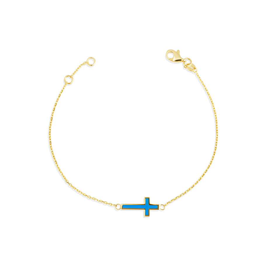 14K Yellow Gold Blue Enamel Cross Bracelet 7"