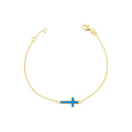 14K Yellow Gold Blue Enamel Cross Bracelet 7