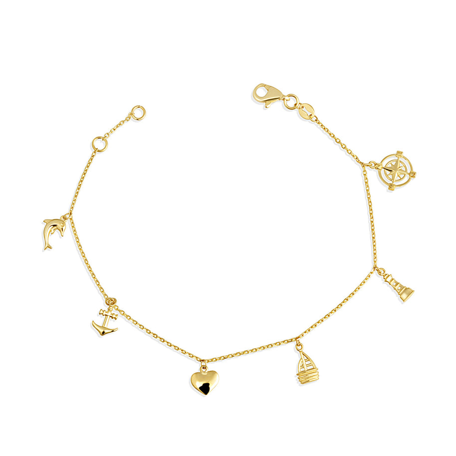 14K Yellow Gold Nautical Anchor Ocean Dolphin Charm Bracelet 7"