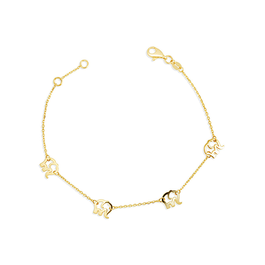 14K Yellow Gold Elephant Wildlife Charm Bracelet 7"