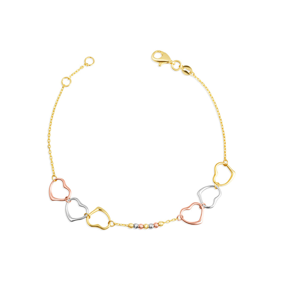 14K Tri-Color Gold Triple Heart Beaded Love Bracelet 12.5mm