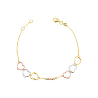 14K Tri-Color Gold Triple Heart Beaded Love Bracelet 12.5mm