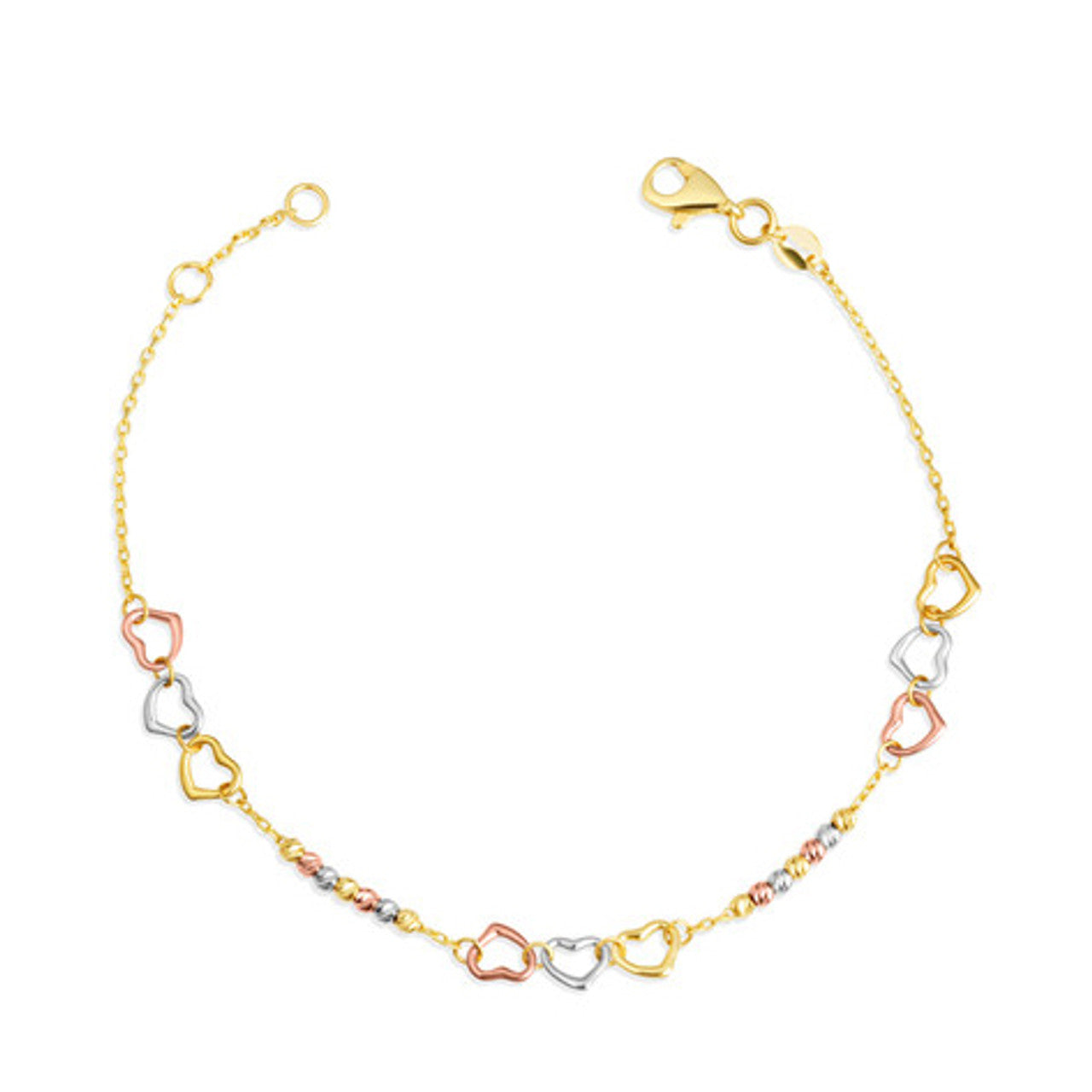 14K Tri-Color Gold Heart Bead Anklet