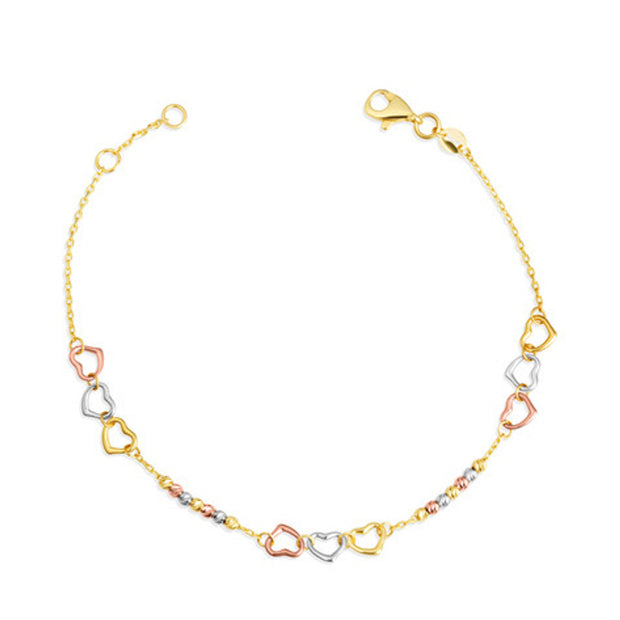 14K Tri-Color Gold Heart Bead Anklet