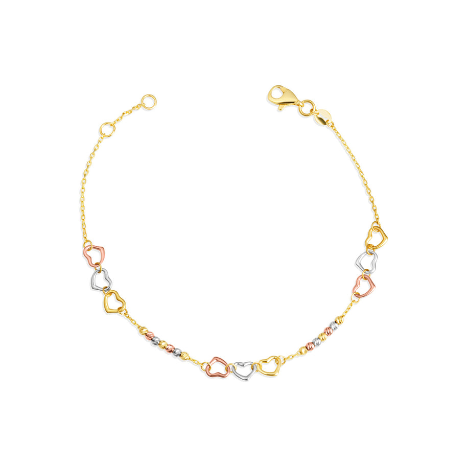 14K Tri-Color Gold Triple Heart Beaded Love Bracelet 6mm