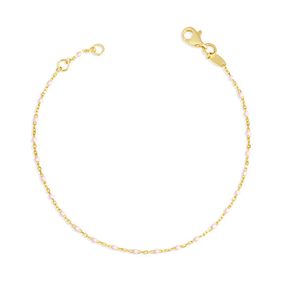 14K Yellow Gold Pink Enamel Beaded Bracelet 7