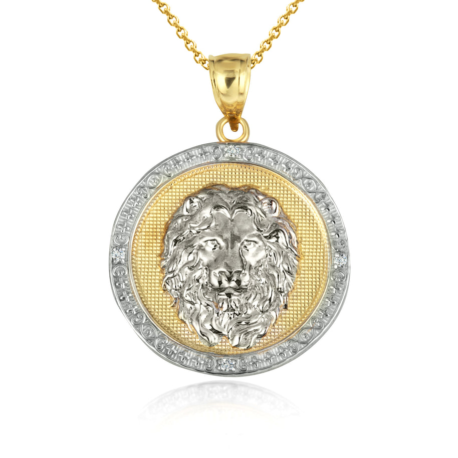 Two-Tone Gold Diamond Lion Beaded Coin Pendant Necklace (Available in Yellow/Rose/White Gold)