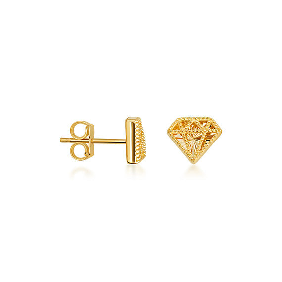 14K Yellow Gold 3D Diamond Shape Milgrain Stud Earrings