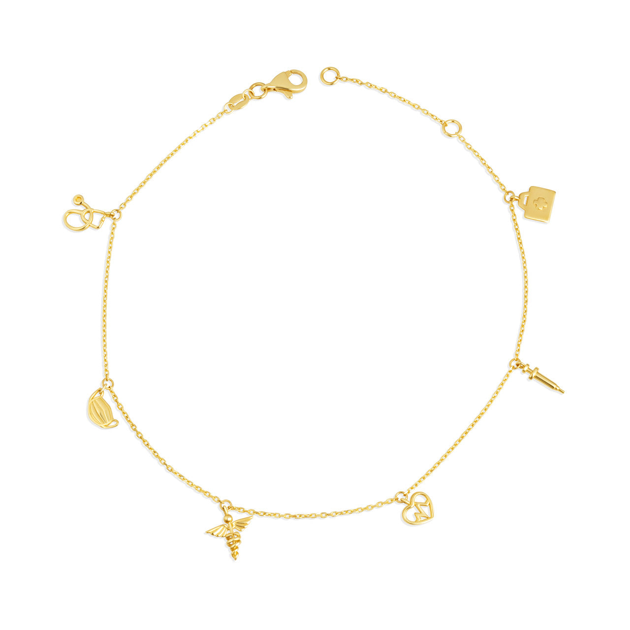 14K Yellow Gold Heartbeat Caduceus Medical Tools Charm Anklet