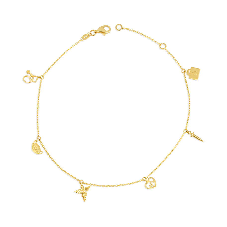 14K Yellow Gold Heartbeat Caduceus Medical Tools Charm Anklet