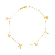 14K Yellow Gold Heartbeat Caduceus Medical Tools Charm Anklet